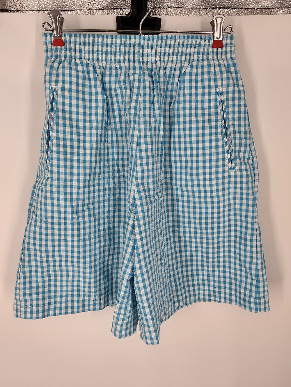 Koret Vintage Seersucker Gingham Shorts Blue White Small Comfort Waist Pockets